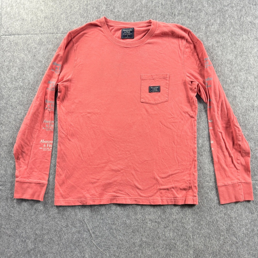 VTG Abercrombie & Fitch Mens Medium Coral Graphic Long Sleeve Pocket Tee Shirt